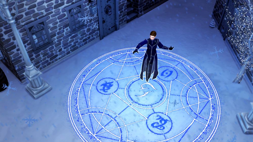 Heavily edited The Sims 4 screenshot, showing my character dressed in a warlock robe from BG3 hovering above the magic sigil on the ground, surrounded by winter scenery in the middle of a fantasy town.
