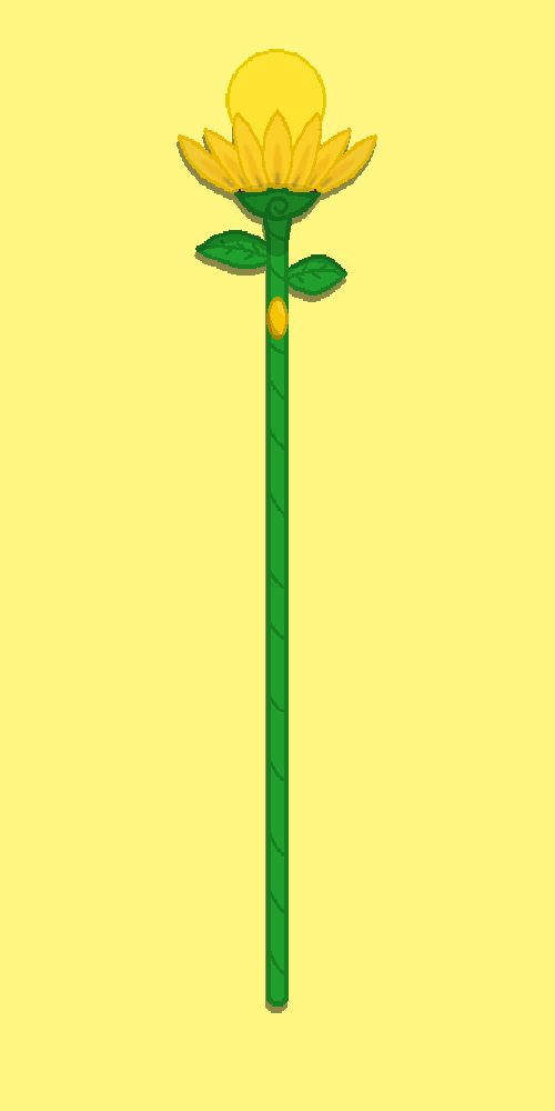 Pixel art of a tall green staff fashioned after a sunflower. A circular sun emerges from the flower at the top. An orange gem is set in the haft.