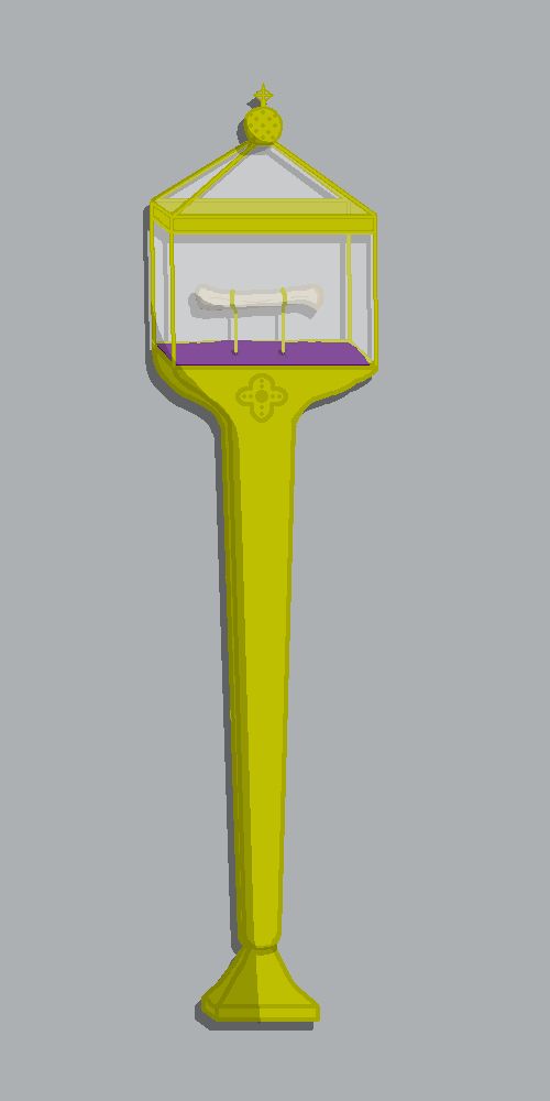 Pixel art of an ornate, golden staff. Its head is a large case of glass, and inside the case a small bone is affixed in a stand. Purple fabric covers the floor of the case.