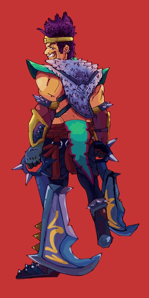 back view of draven, looking at the viewer and smiling