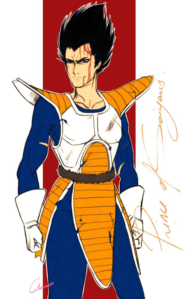 Vegeta, from Dragons Ball Z series. His armor is broken and scratched and his face is bloodied as he smirks. By his side, it reads "Prince of Saiyans."