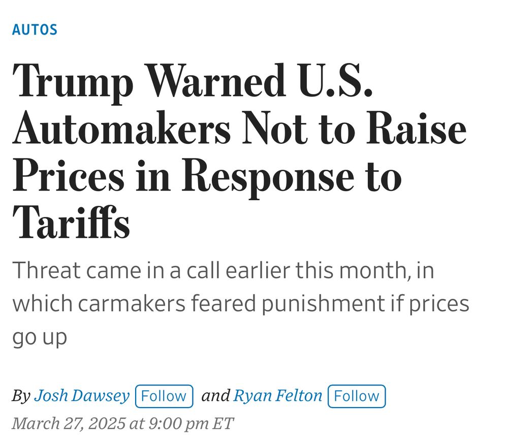 Headline: Trump warned US automakers not to rise prices in response to tariffs

Subhead: threat came in a call earlier this month, in which carmakers feared punishment if prices go up