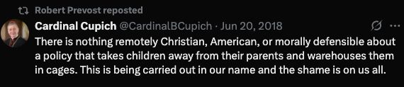 There is nothing remotely Christian, American, or morally defensible about a policy that takes children away from their parents and warehouses them in cages. This is being carried out in our name and the shame is on us all.