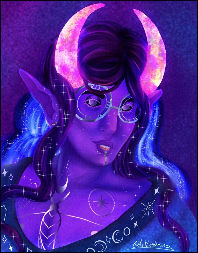 A bust render of a very handsome purple star elf with glowy opal horns and galaxy hair