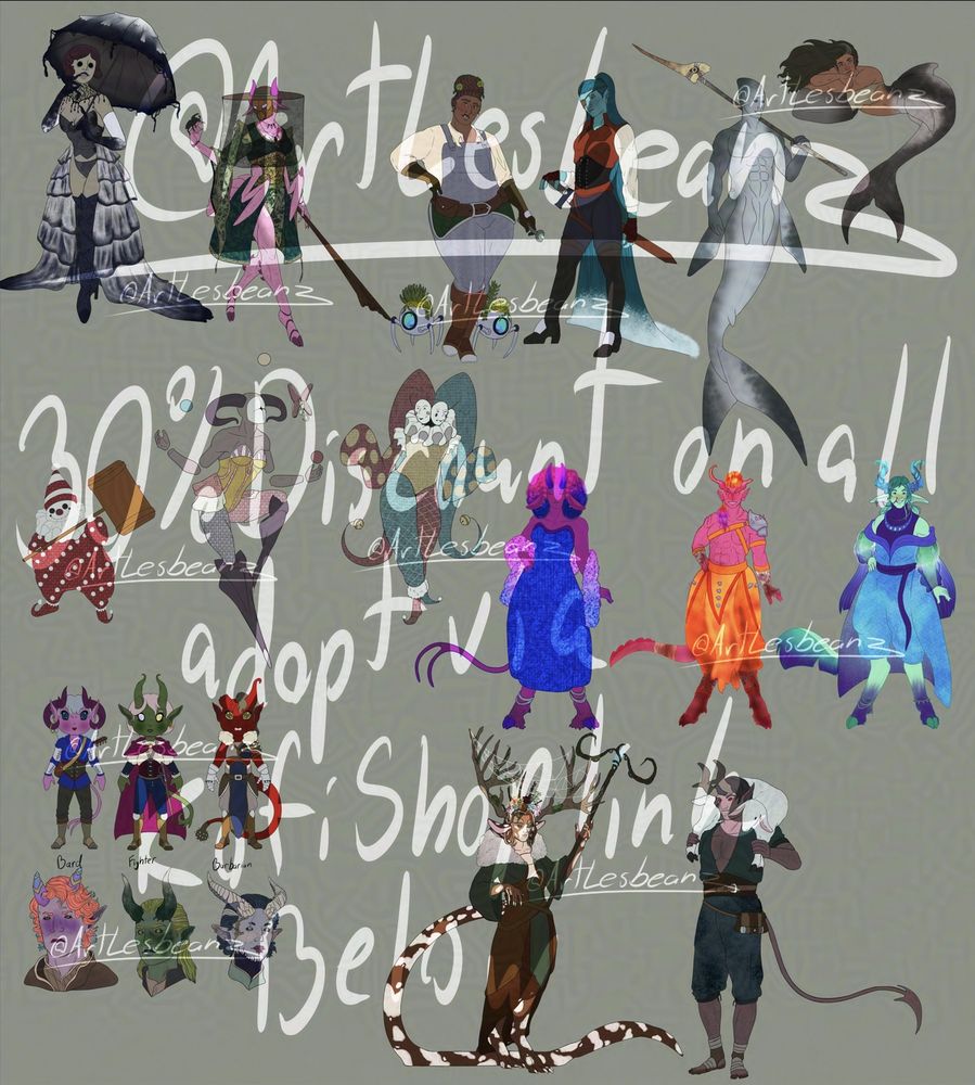 All my adopts from my kofi shop that are available in the 30% discount till Dec 30th!