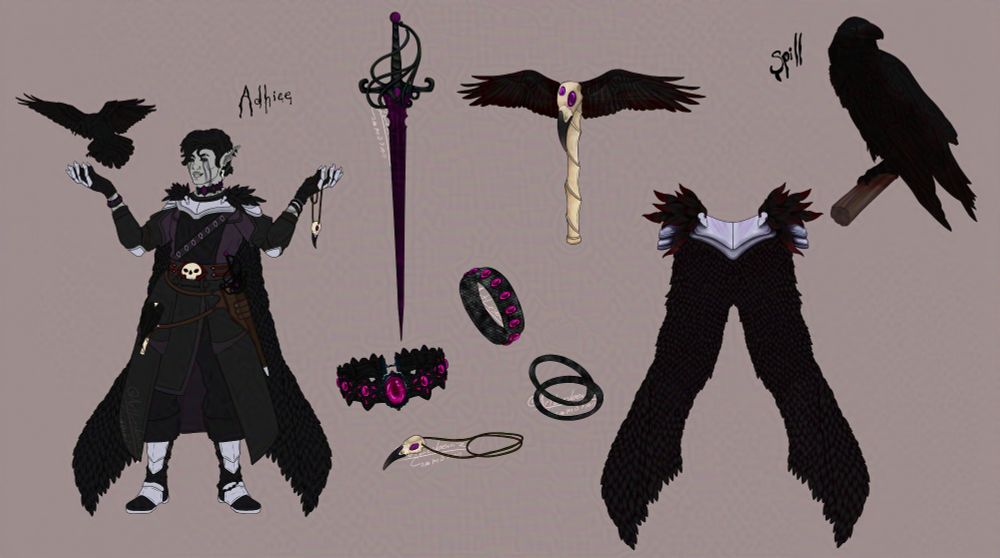 Full body of a shadar-kai, Adhice, and his raven familiar, Spill. Close ups on his weapon, wand, jewelry, Spill and cape armor.
