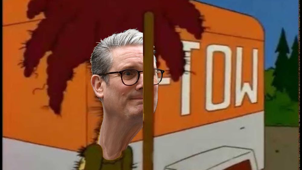 sideshow bob getting hit in the face with a rake but with keir starmer's face superimposed on top