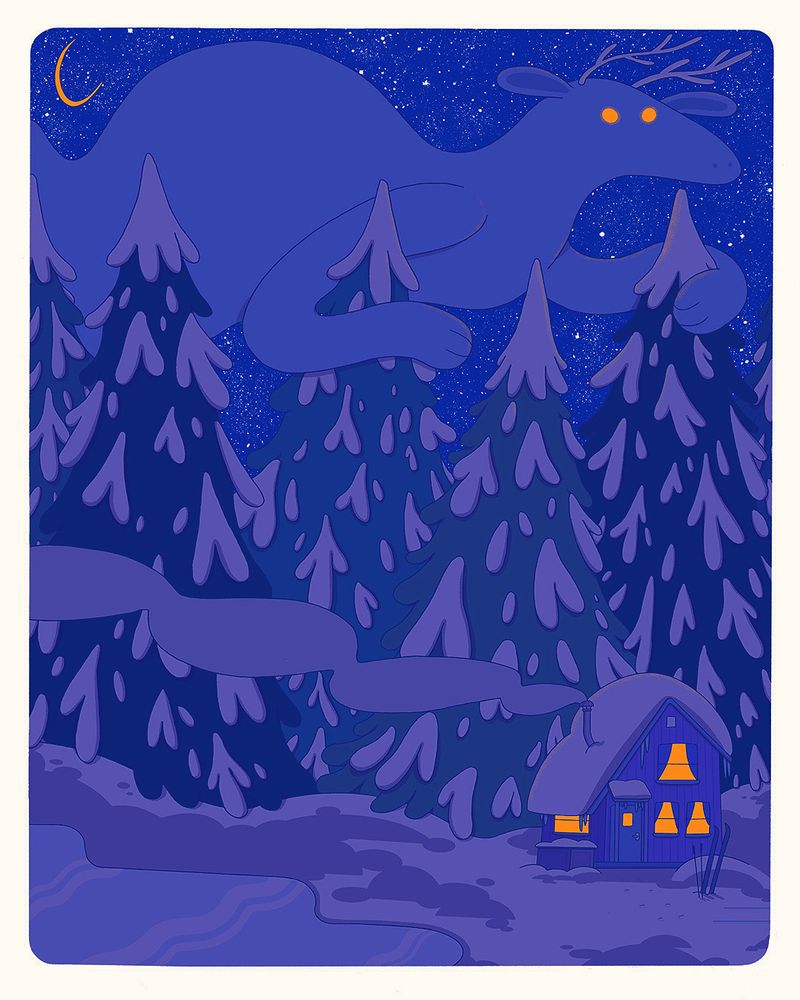 Drawing of a snowy cabin in the forest during the blue hour, when the sun is setting slowly and everything is glowing blue. Yellow light glows from the cabin windows. A large wintery spirit with elk antlers hovers above the trees with glowing yellow eyes. Smoke is billowing from the chimney and a pair of skis stands upright in the snow outside the cabin.