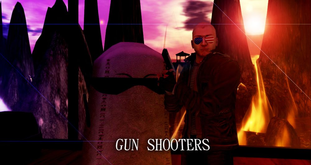 a screenshot of secondlife. the egyption god medjed, wearing sunglasses, poses next to a russian man with american flag sunglasses. The both of them are wielding pistols, and standing in front of a burning wasteland. They are the Gun Shooters, powerful beings with the ability to pick up a gun and shoot it. no one else can do this in this world.