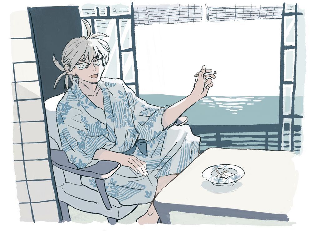 歴史創作　浴衣姿の杜国（現代の旅館の広縁で椅子に座って煙草を吸っている絵。窓の外に海）