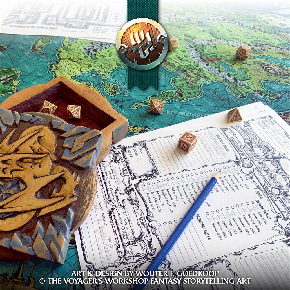 A photo showing a very large fantasy world map, some dungeon maps, a custom dice box featuring a carved dragon and d20 design, and illustrated character sheets.