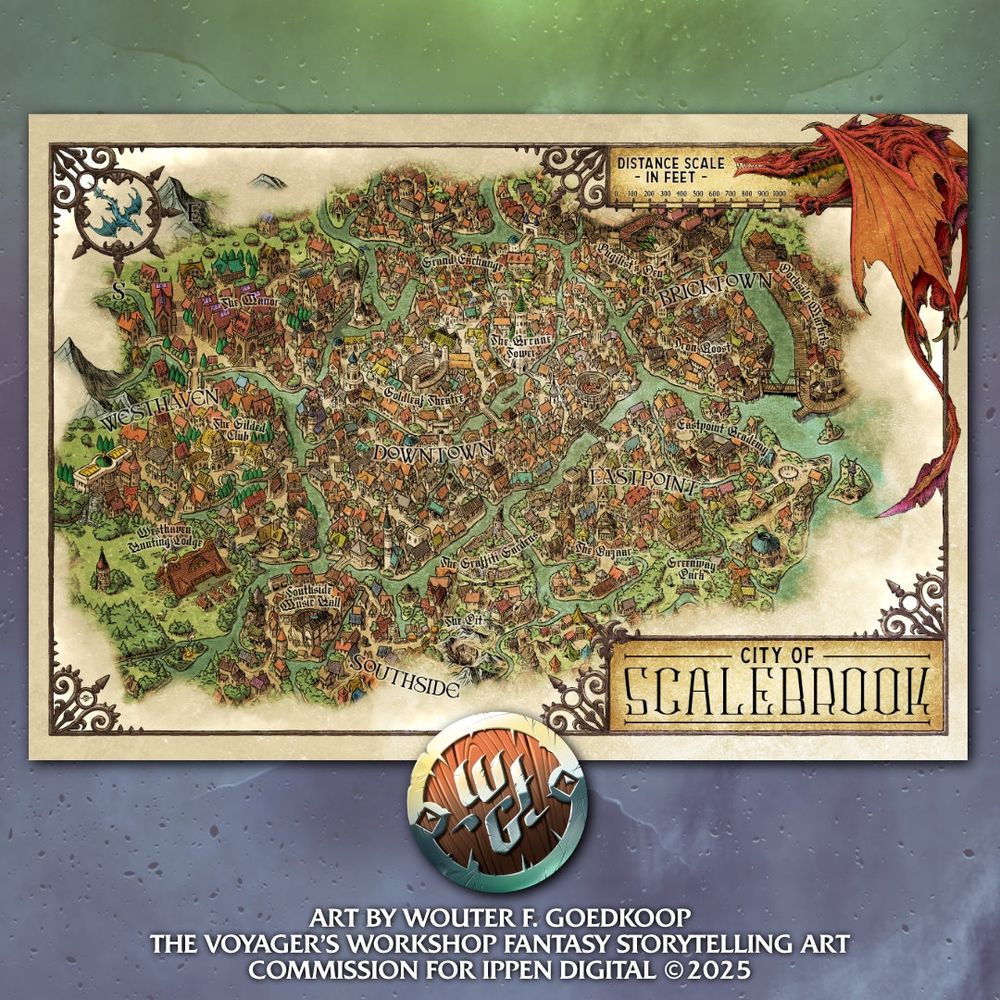A double page spread size fantasy map of a large medieval city with a strong draconian theme.