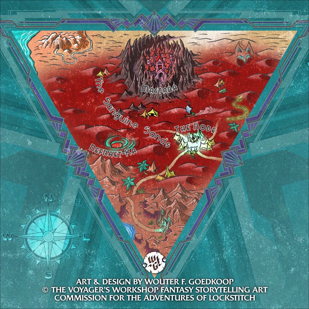 A triangular map of the Sanguine Sands region, a rich, blood-red sand desert home to the legendary Wandering Oasis!