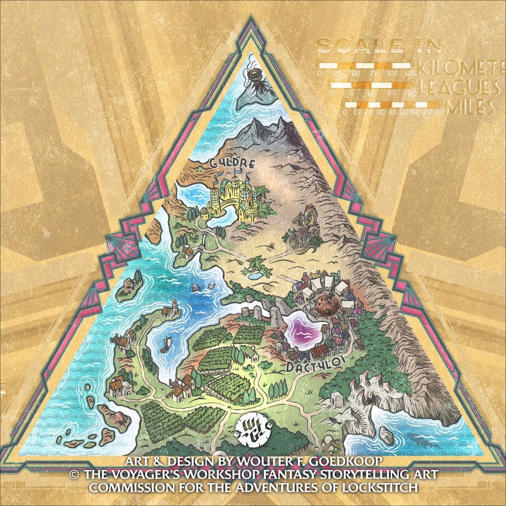 A triangular shaped map of the region called Virtuoso with rolling hills covered in vineyards and cypress trees and a very odd neighbouring city that looks like a clenched fist!