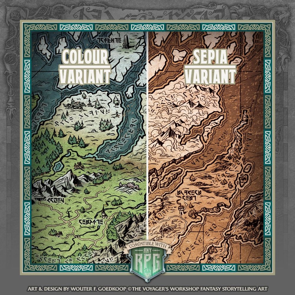 Image showing the full colour versions of the map side by side. 

This illustration was designed and drawn by yours truly, the PDF 3 different versions of the map: cryptic, legible & blank To top it up, you will also find hex grid and sepia variants for each version of the map. 