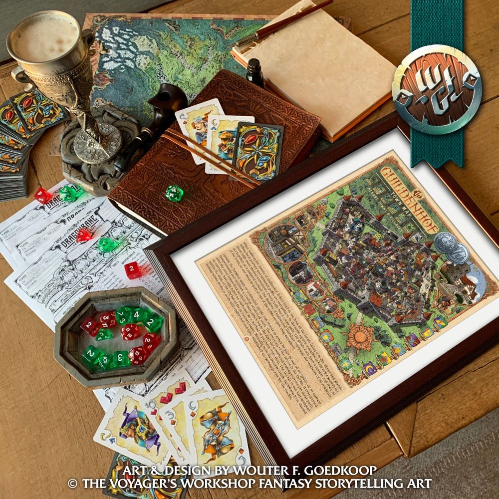 A framed town map, a custom dice box, fantasy themed playing cards, a fantasy world map, custom character sheets and a pewter cup filled with ale!