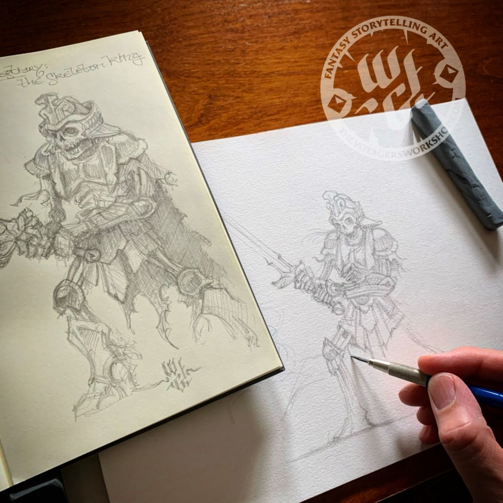 Working on a pencil illustration of a skeleton warrior in armour wielding a great sword.