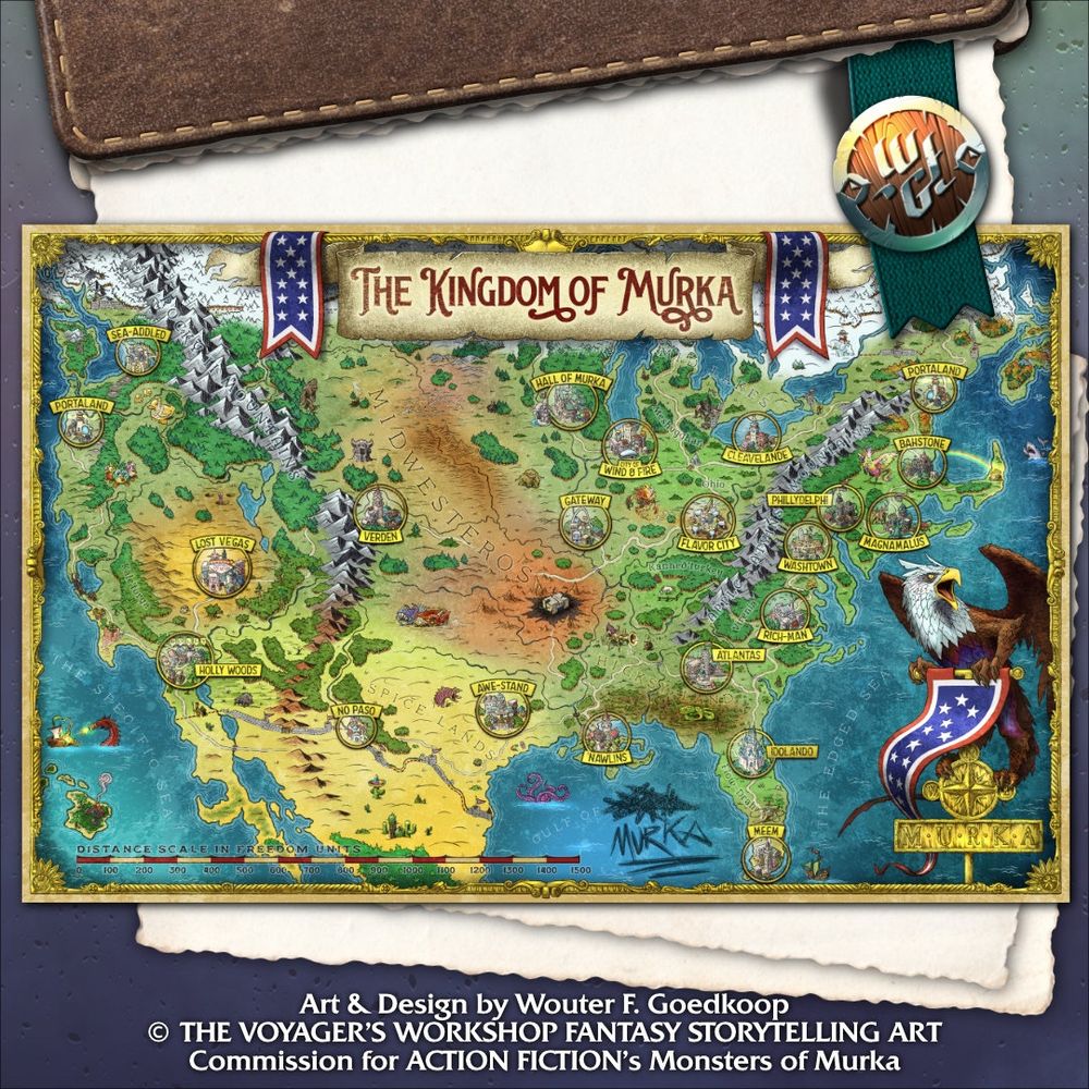 A full colour, two page spread map of the Kingdom of Murka, “a rip-roaring adventure for Dungeons & Dragons, taking players through a high-fantasy parody of America, with everything from Freedom Dragons and Gunchucks to Shopping Mauls and Furry Druids.”
