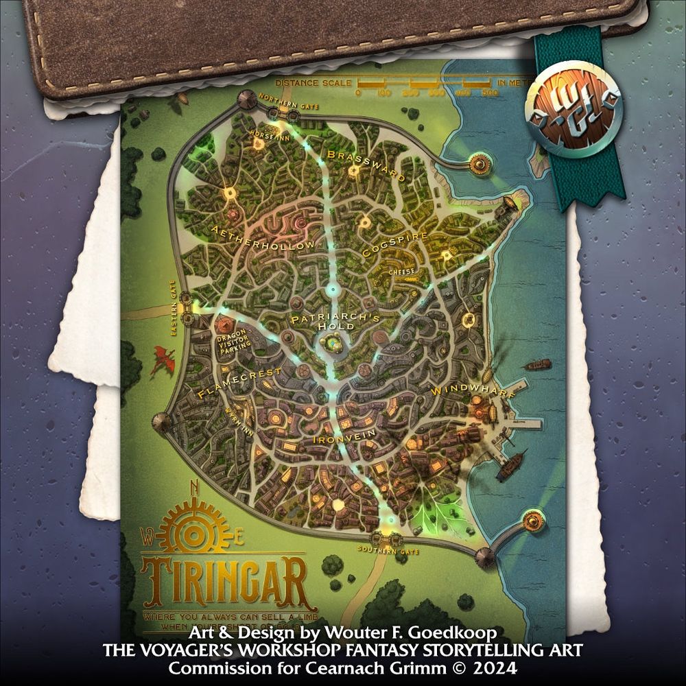 A full colour top down map of a sea side city with airships and dragons! The streets layout hints at a giant brain hidden below.