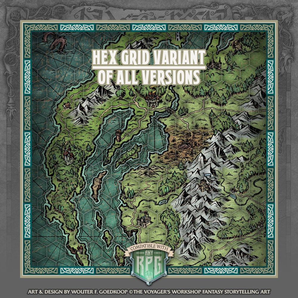 Image showing the hex grid version of the map. This illustration was designed and drawn by yours truly, the PDF 3 different versions of the map: cryptic, legible & blank To top it up, you will also find hex grid and sepia variants for each version of the map. 