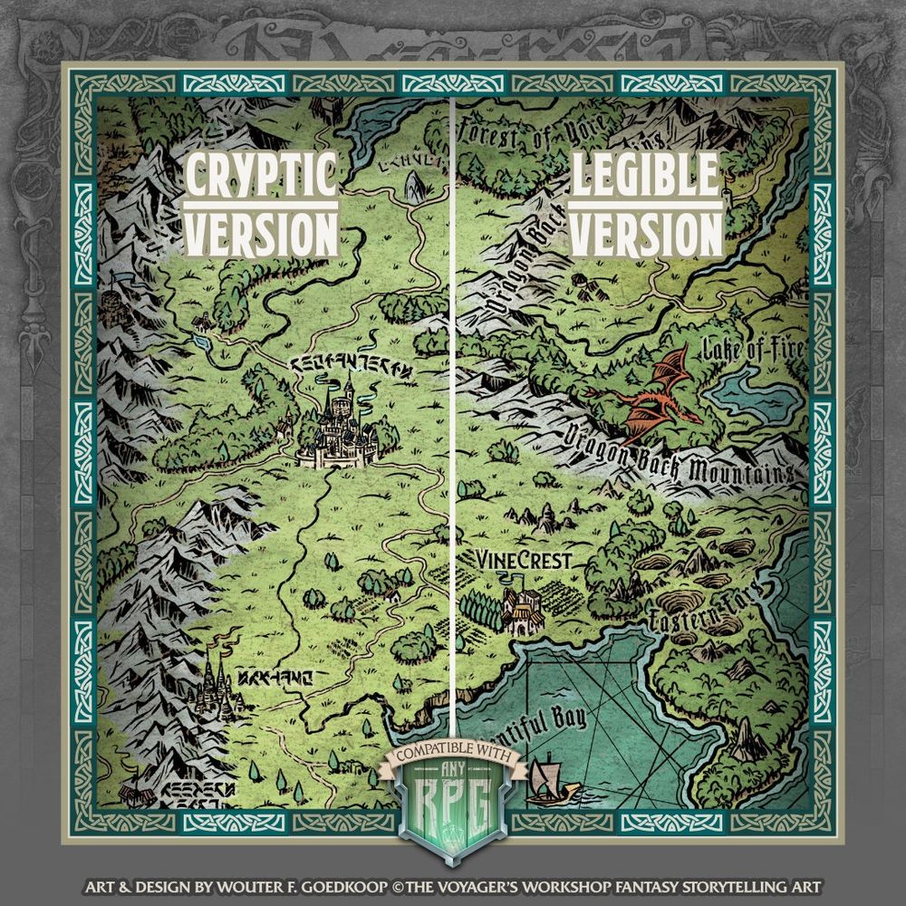 Image showing the cryptic and legible versions of the map side by side. This illustration was designed and drawn by yours truly, the PDF 3 different versions of the map: cryptic, legible & blank To top it up, you will also find hex grid and sepia variants for each version of the map. 