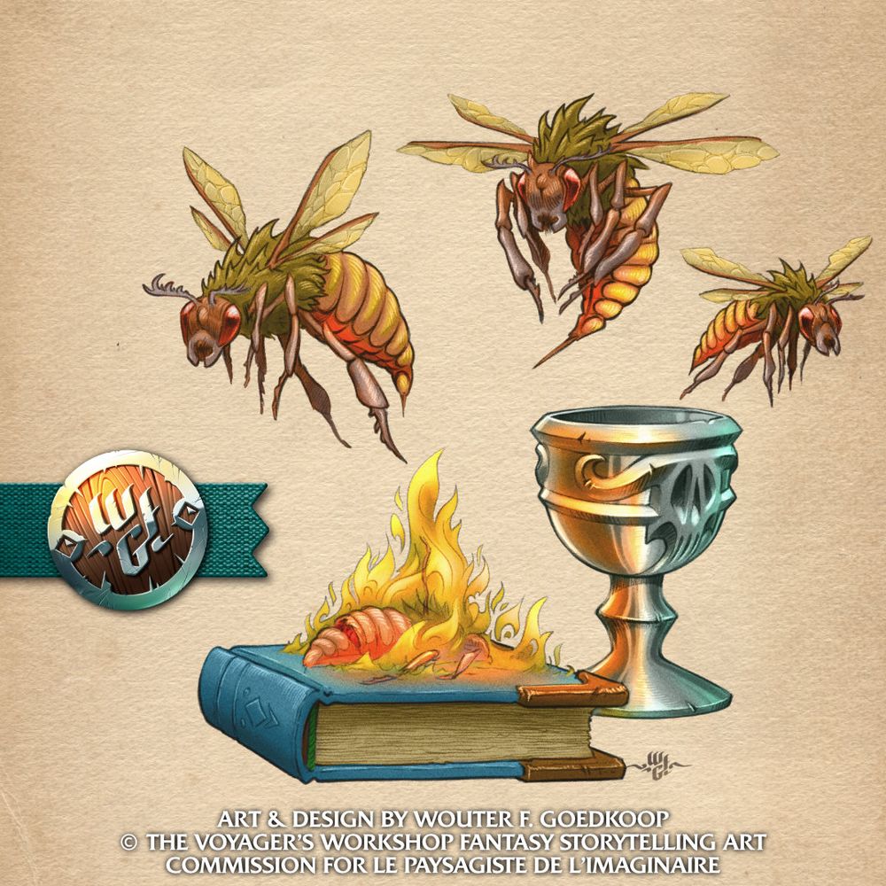 A pencil on paper illustration, coloured digitally in Clip Studio Paint, of a swarm of Firebees.