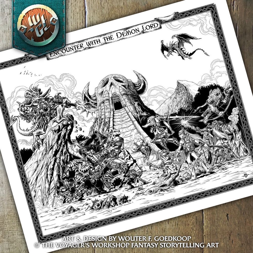 This showdown features a Halfling mariner, an Elf blacksmith, a Human mage, a Mallard knight and a Wolfkin hunter facing off with a Demon and his horde of Orcs, Goblins and other minions!