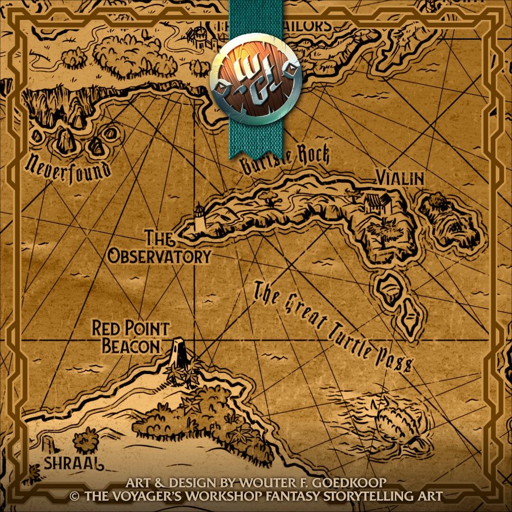 A framed portion of a sepia world map showing coastal regions and island of a fantasy setting.