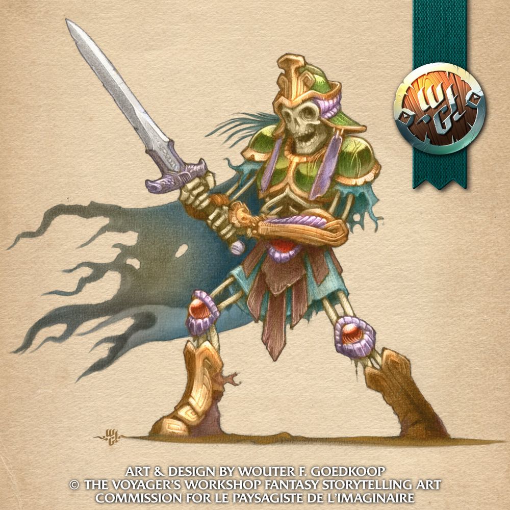 A pencil on paper illustration, coloured digitally in Clip Studio Paint, of a Skeleton King, inspired by an Atlantean king of old.
