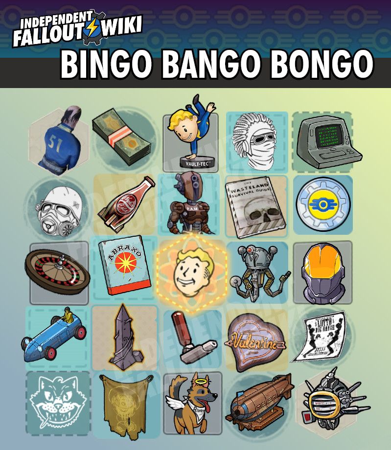 A bingo card with fallout related icons 