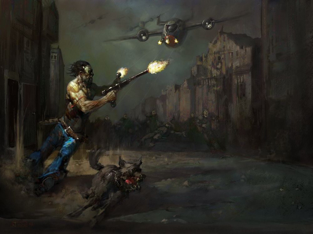 A man running with a dog shooting at a plane