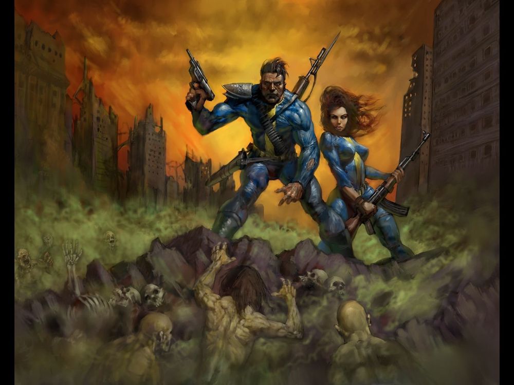 Two vault dwellers standing over fog with people crawling underneath