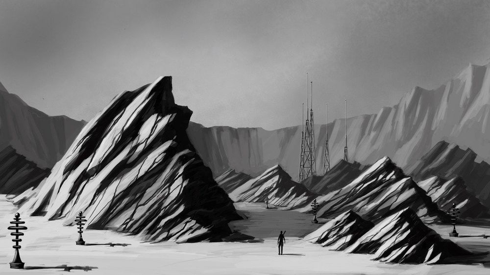 Greyscale concept art of Big MT