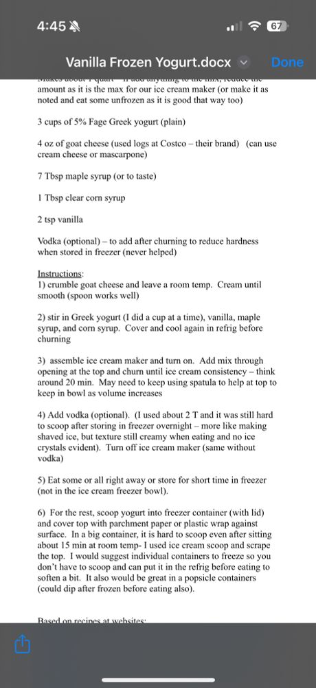 This is a screenshot of a recipe in a word document that lists out how to make a Greek yogurt goat cheese ice cream. If you want the full text of the recipe just reply, and I will send you the document 