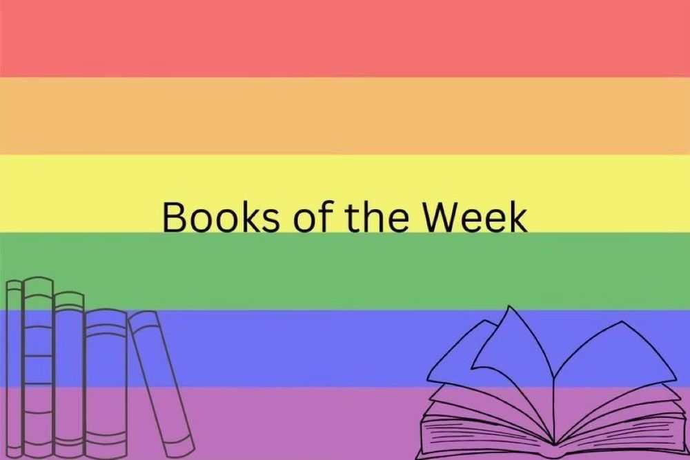 Rainbow flag with books of the week written on it. Black outline drawings of a stack of books and an open book. 