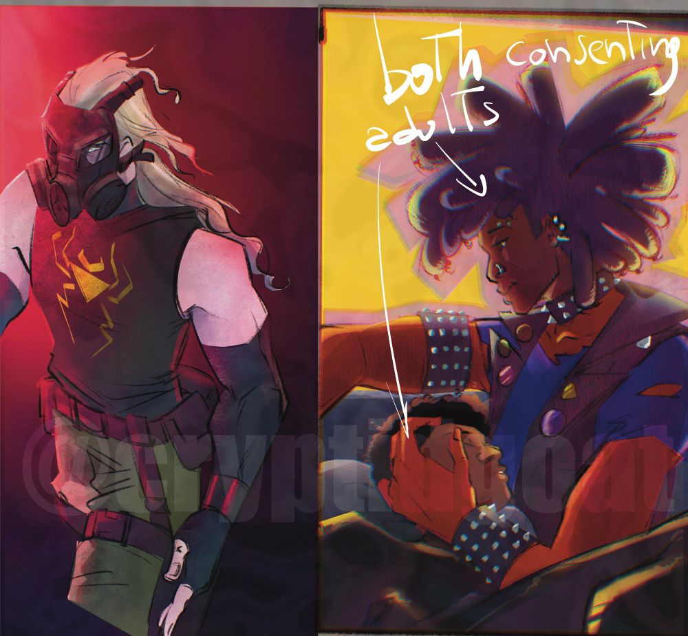 Still my spidersona with his mask on into a dark space lightened by a single red light along with random Punkflower chilling in the afternoon (they're both adults please leave me be)