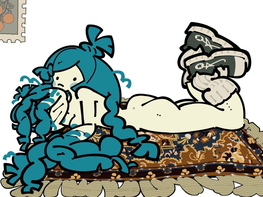 yarngirl is laying on a persian rug. she’s wearing sneakers with white socks on. she’s got yarn ends instead of hands. postmark in the corner depicting oranges