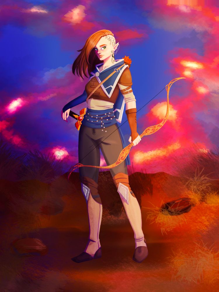A half-elf woman stands in a red-orange desert landscape with a purple-red sunset sky behind her. She holds a bow intricately carved with a wolf chasing a fox chasing a rabbit. Her other hand rests on the pommel of a sword hilt at her waist. Half of her head is shaved, with a tattoo design of lines and leaves twisting up her scalp. Her hair is brown and her eyes are green. She wears simple leather armor and a blue half-cloak bordered in silver. 
