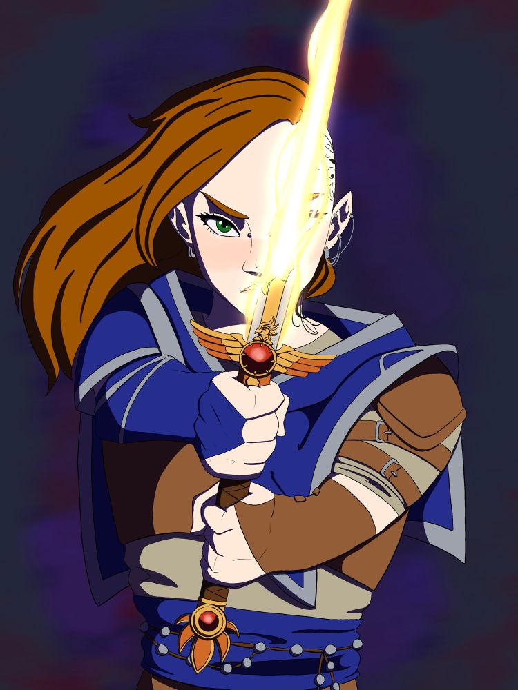 A half-elf woman in leather armor with brown hair that is shaved on one side holds up a broken sword with a blade of light extending from it. A determined expression is on her face. 