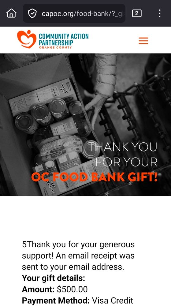 Receipt for a donation to Community Action Partnership food bank of Orange County for $500
