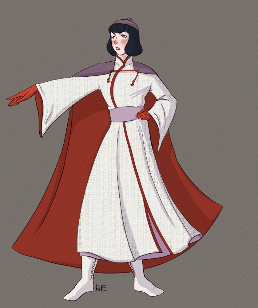 A digital drawing of a young man with a hand on his hip holding the other hand out in an imperious gesture as he looks in that direction. He's wearing a white robe, and a purple cape with a red lining. His gloves, the time on his robe, and the buttons on his boots match the red lining, while his small hat is purple. The robe is patterned with small grey designs.

The artist's signature, ROHE, (pronounced "Roy") is next to his feet.