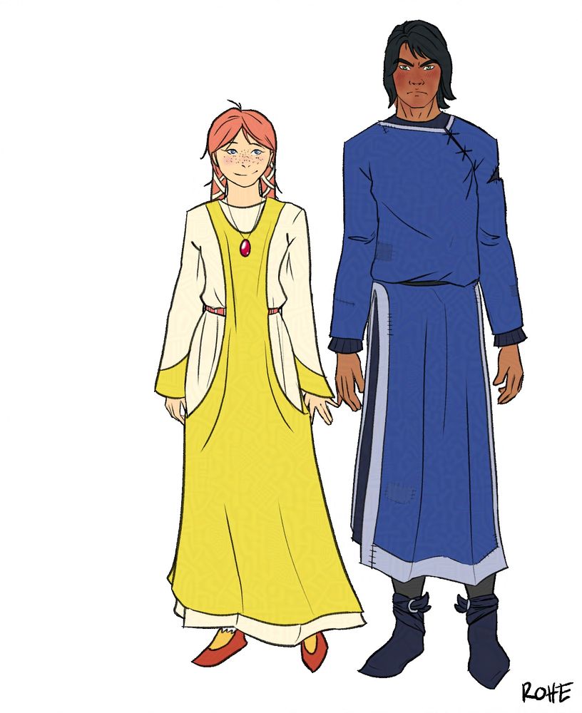 OC art: A standing ref of an two OCs. On the right, a girl in a pale yellow dress, and a bright yellow sideless surcoat. Her shoes are red, with yellow tongues, and she wears a red stone in the shape of an oval as a pendant around her neck. A red and white belt is tied around her underdress. Her red hair is tied back into two long plaits behind her back. She has blue eyes that are looking at the character standing next to her, while her left hand reaches out slightly to tough pinkies with him.

Next to her, a young man a head taller than her is wearing layered blue dresses that are belted at the waist. The outer layer is a medium blue, with light blue trim. It is torn and patched in several places because he's a broke bitch. He has brown skin, green eyes, and long black hair pulled back into a ponytail. He's blushing and looking straight ahead. Dragon-Ball sized eyebrows.

The artist's signature, ROHE, (pronounced "Roy") is in the lower right corner.