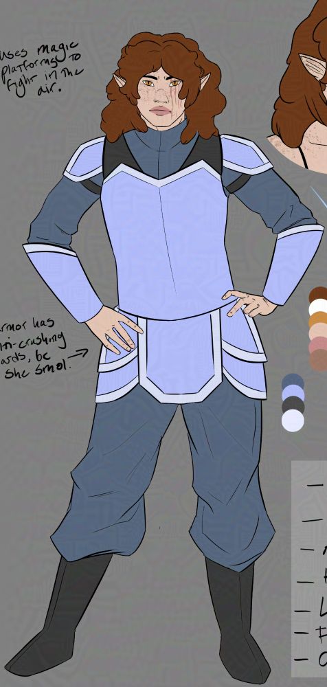 Art: A digital, full-body drawing of a woman in armor. She stands with her legs more than shoulder-width apart and her hands on her hips. She has fluffy, shoulder-length brown hair worn loose, and vertical scars down one side of her face. Her eyes are gold, and she has freckles. Her breastplate, tassets, pauldrons, and vambraces are all light blue with white trim on the edges. Her gorget, pants, and sleeves are a mid-toned, desaturated blue, and her boots and armor straps are dark grey. She is set against a grey background. 