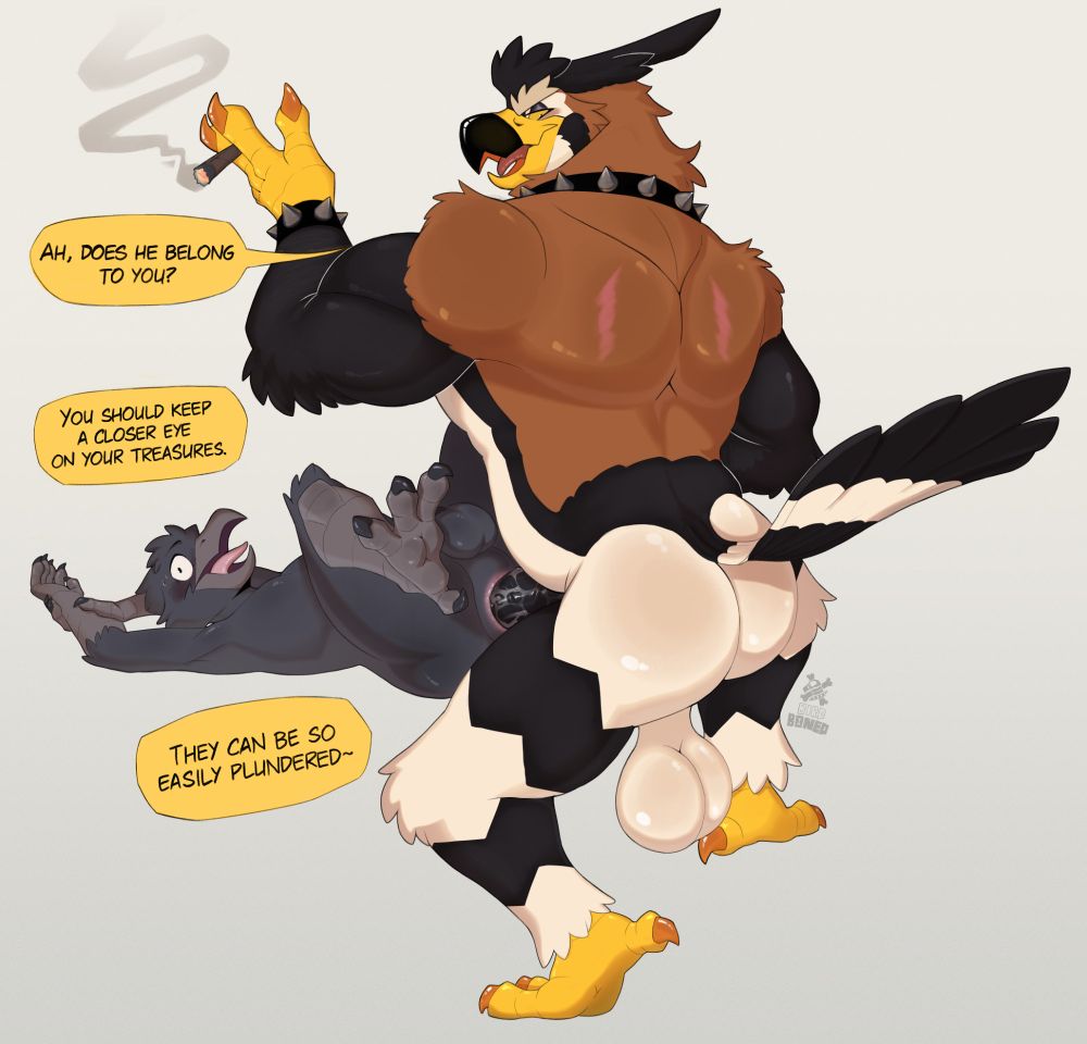 A large ornate hawk-eagle avian on top of a smaller crow avian, they seem to be caught in the act. The crow is incredibly flustered. "Ah, does he belong to you? You should keep an eye on your treasures. They can be so easily plundered~" The hawgle says, drawing smoke from his cigar.