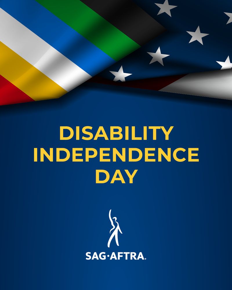On a dark blue background. At the top, the disability pride flag and the American flag over lap. Below, in yellow font: Disability Independence Day.