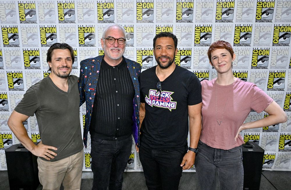 Seth Allyn Austin, Keythe Farley, Zeke Alton and Sarah Elmaleh in front of a sign with San Diego Comic-Con logos.
Photo Credit: Stephen Greathouse / Shutterstock for SAG-AFTRA