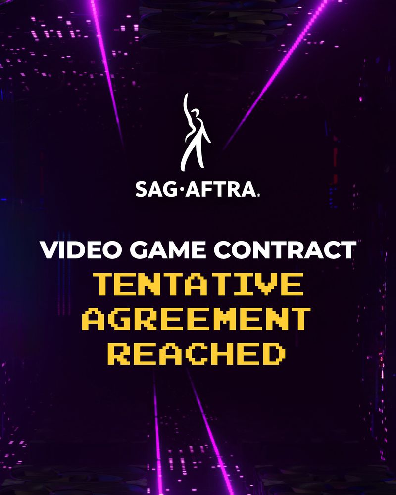 Purple-streaked background with the SAG-AFTRA logo in white at the top-center. Beneath it reads "VIDEO GAME CONTRACT TENTATIVE AGREEMENT REACHED" in white and yellow lettering.