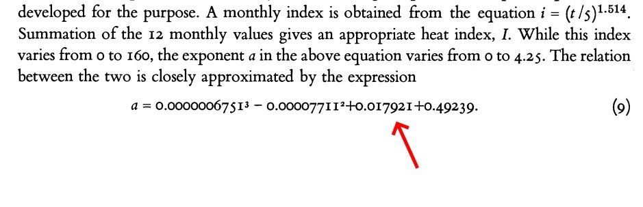The calculation of the "a exponent" from Thornthwaite (1948).