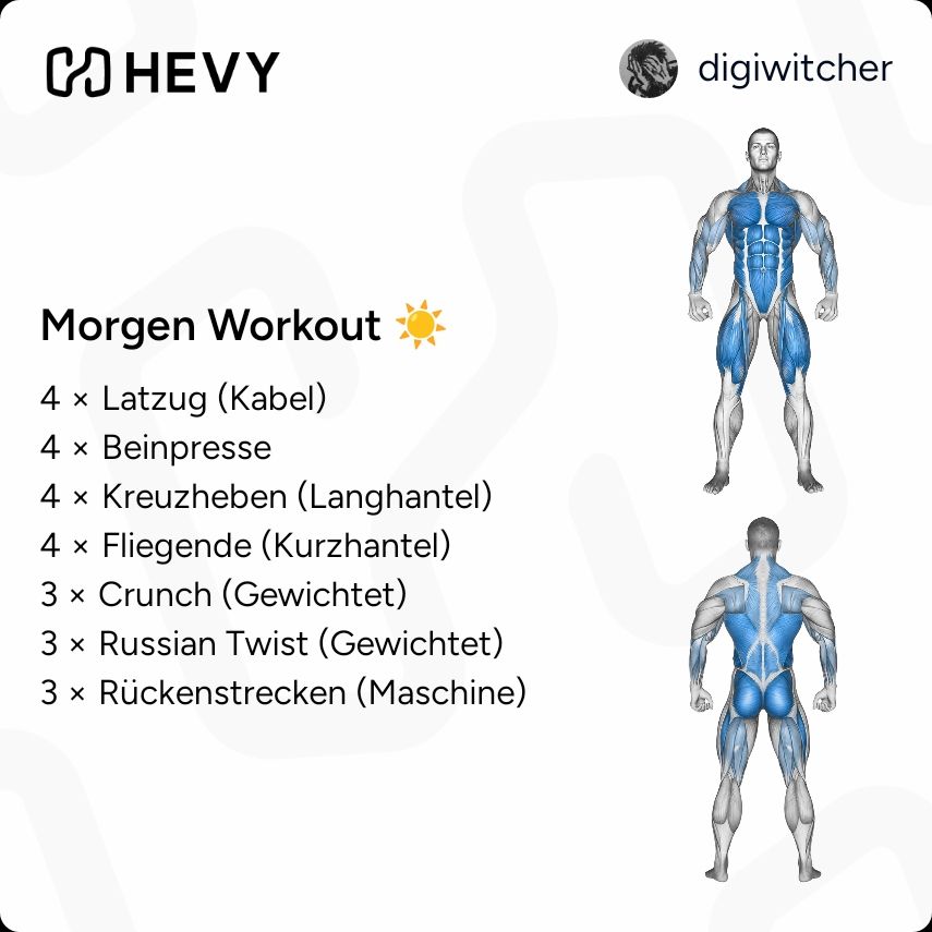 4 × Latzug (Kabel)
4 × Beinpresse
4 × Kreuzheben (Langhantel)
4 x Fliegende (Kurzhantel)
3 x Crunch (Gewichtet)
3 × Russian Twist (Gewichtet)
3 × Rückenstrecken (Maschine)