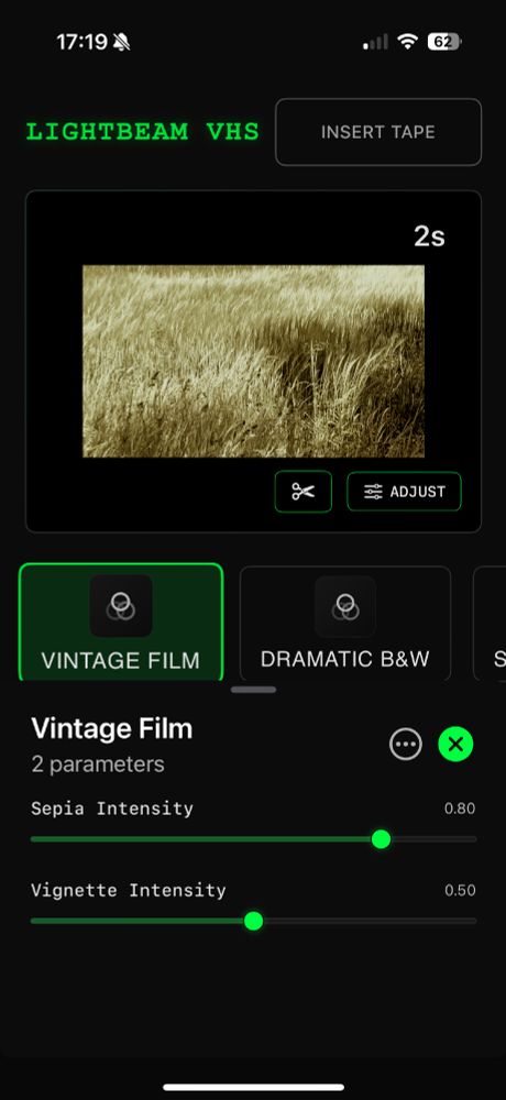A view of the app with a video loaded. An effect preset is selected, "Vintage film", it is colouring the video a sepia-ish brown. There are effect parameters sliders on the screen